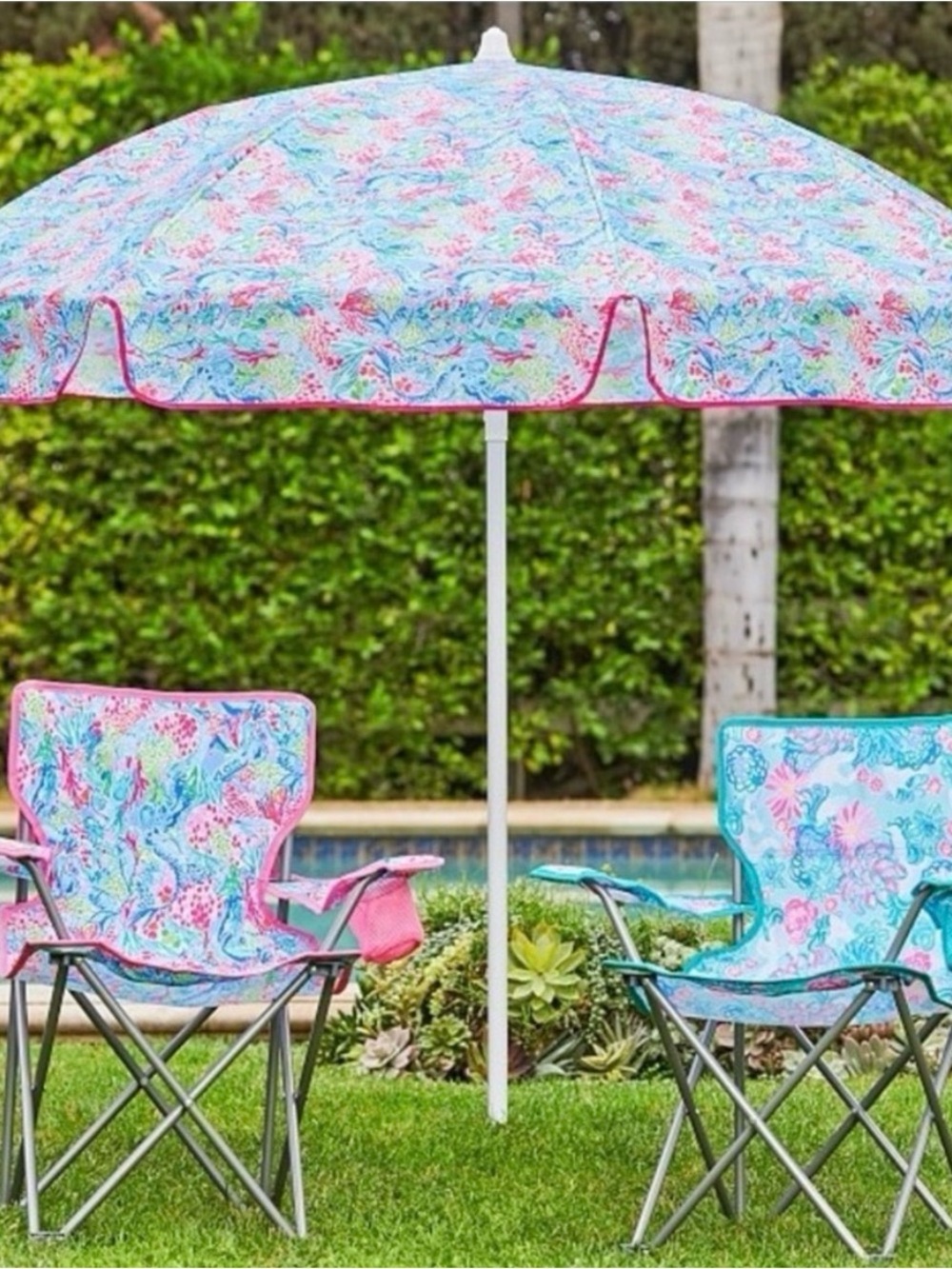 Pottery Barn Kids Floral Pink & Aqua Outdoor Umbrella and Folding Chairs Set
